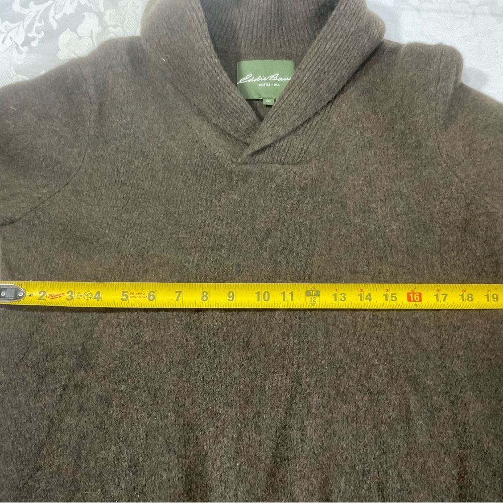 Eddie Bauer Lambs Wool Sweater Mens Size XLT Olive Green Shawl Neck Pullover - Picture 7 of 9